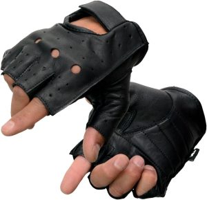 Men's Black Leather Perforated Gel Padded Palm Fingerless Motorcycle Gloves with Open Knuckle