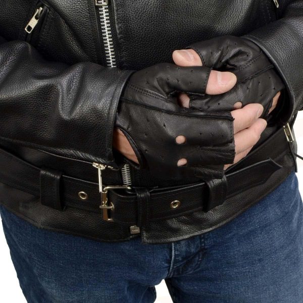 717HQFvxNL._AC_SL1200_ Men's Black Leather Perforated Gel Padded Palm Fingerless Motorcycle Gloves with Open Knuckle