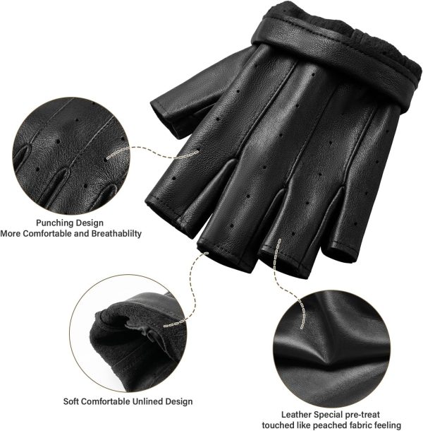 Black Sheepskin Fingerless Gloves, Breathable Leather Palm for Motorcycling, Cycling & Everyday Wear