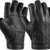 Black Sheepskin Fingerless Gloves, Breathable Leather Palm for Motorcycling, Cycling & Everyday Wear