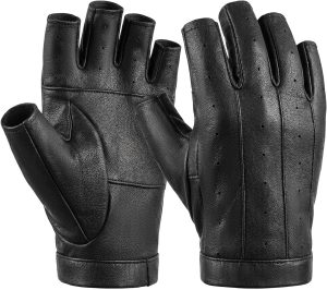 Black Sheepskin Fingerless Gloves, Breathable Leather Palm for Motorcycling, Cycling & Everyday Wear
