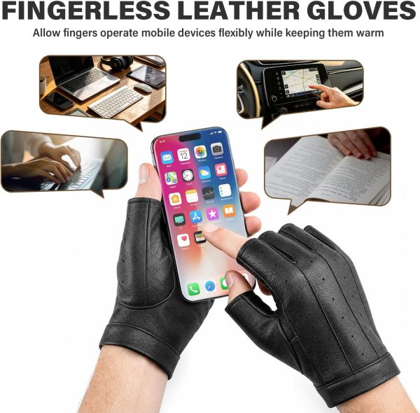 Black Sheepskin Fingerless Gloves, Breathable Leather Palm for Motorcycling, Cycling & Everyday Wear